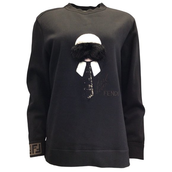 FENDI X KARL LAGERFELD 'KARL MONSTER' BLACK MINK FUR EMBELLISHED LONG SLEEVED CO - Picture 1 of 7
